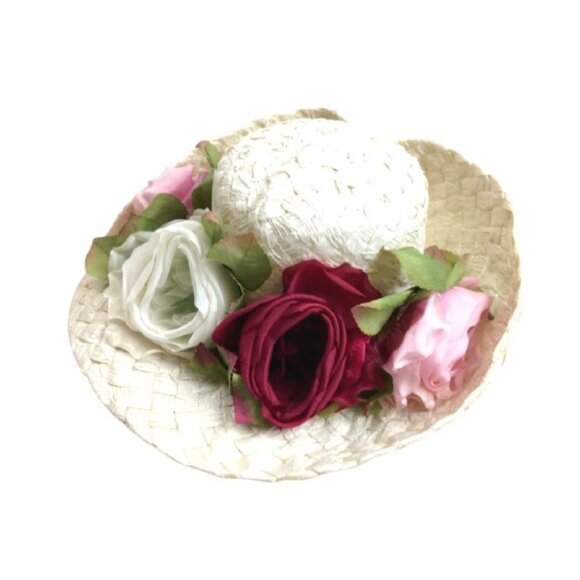 Vintage Union Made Straw Hat Red White Pink Roses in Dache Boutique Box 1960s main image 9